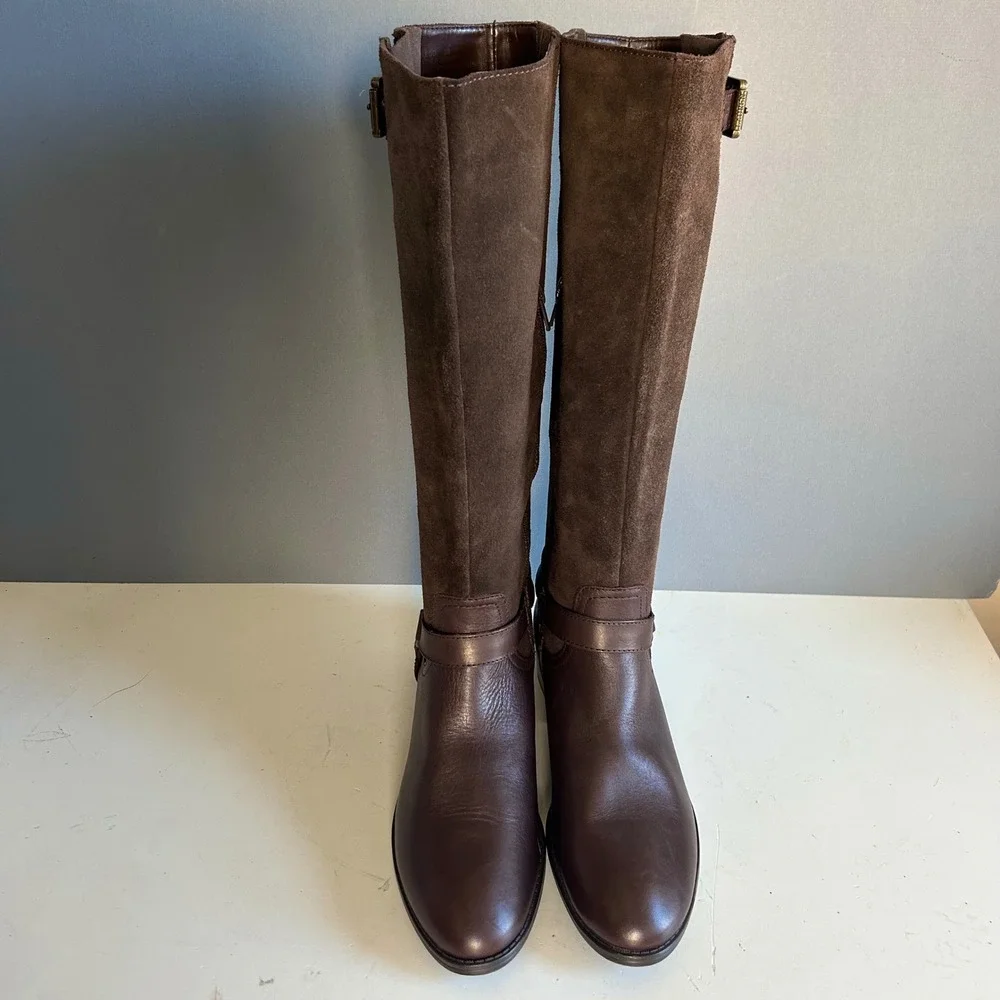 Lauren Ralph Lauren Tall Boots Size 8 Brown Suede Leather Riding Harness
